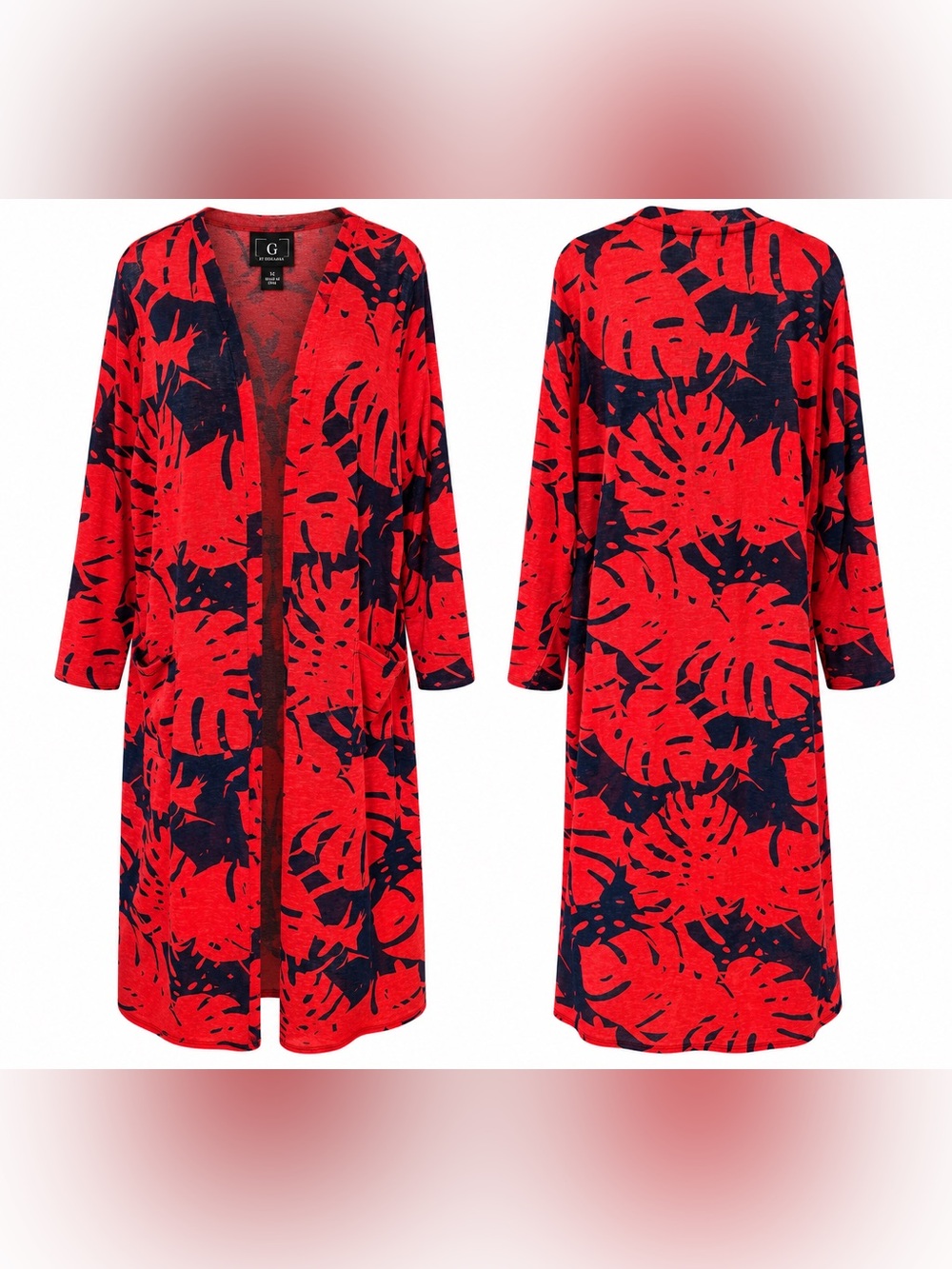 G by Giuliana Long Red Navy Tropical Print Cardigan Duster 1X